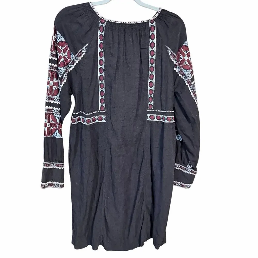 Free people cotton blend black boho embroidered dress long sleeve medium mosaic